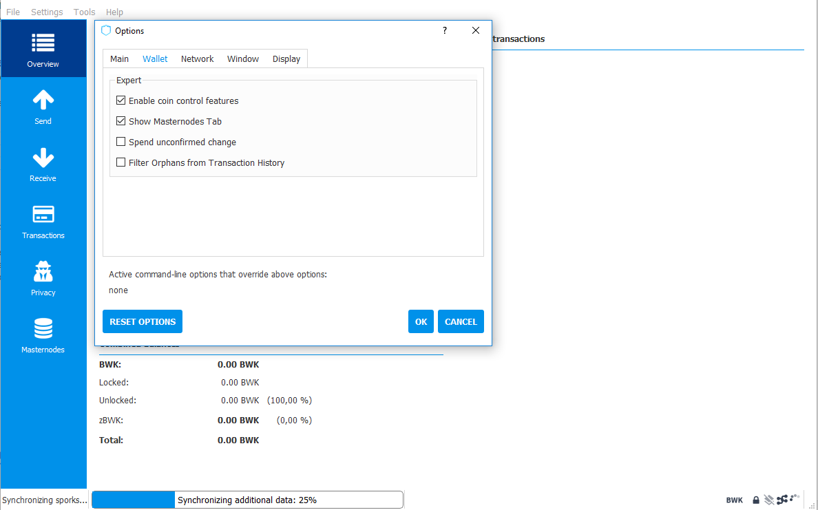 Coin control options in Bulwark's wallet