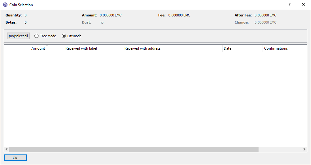 Emercoin Core's coin control option