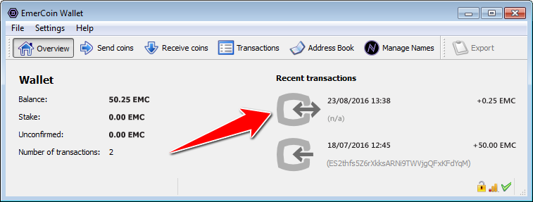 Transactions view in Emercoin's core wallet