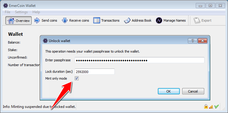 Emercoin Core wallet unlock