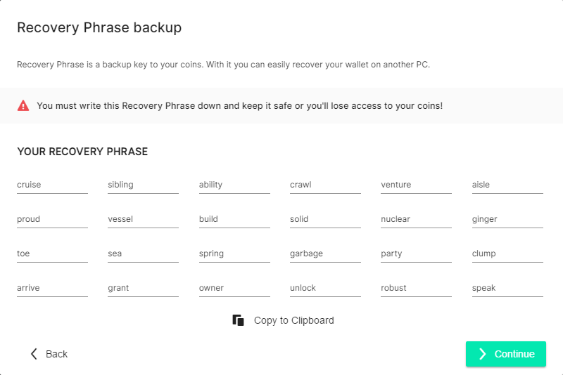 Creating recovery SEED phrase of the Particl Desktop 