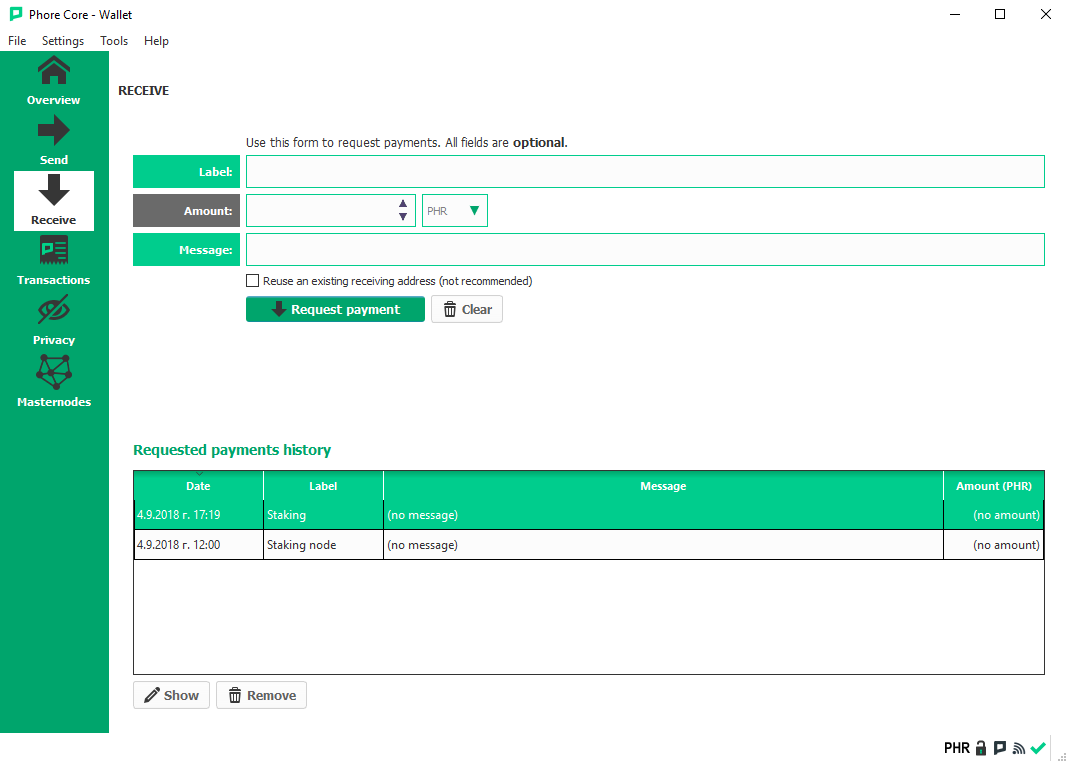 Dust collection for Phore Core wallet 