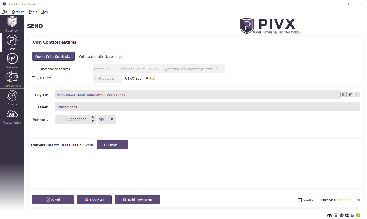 Sending funds to a wallet address in Pivx Core