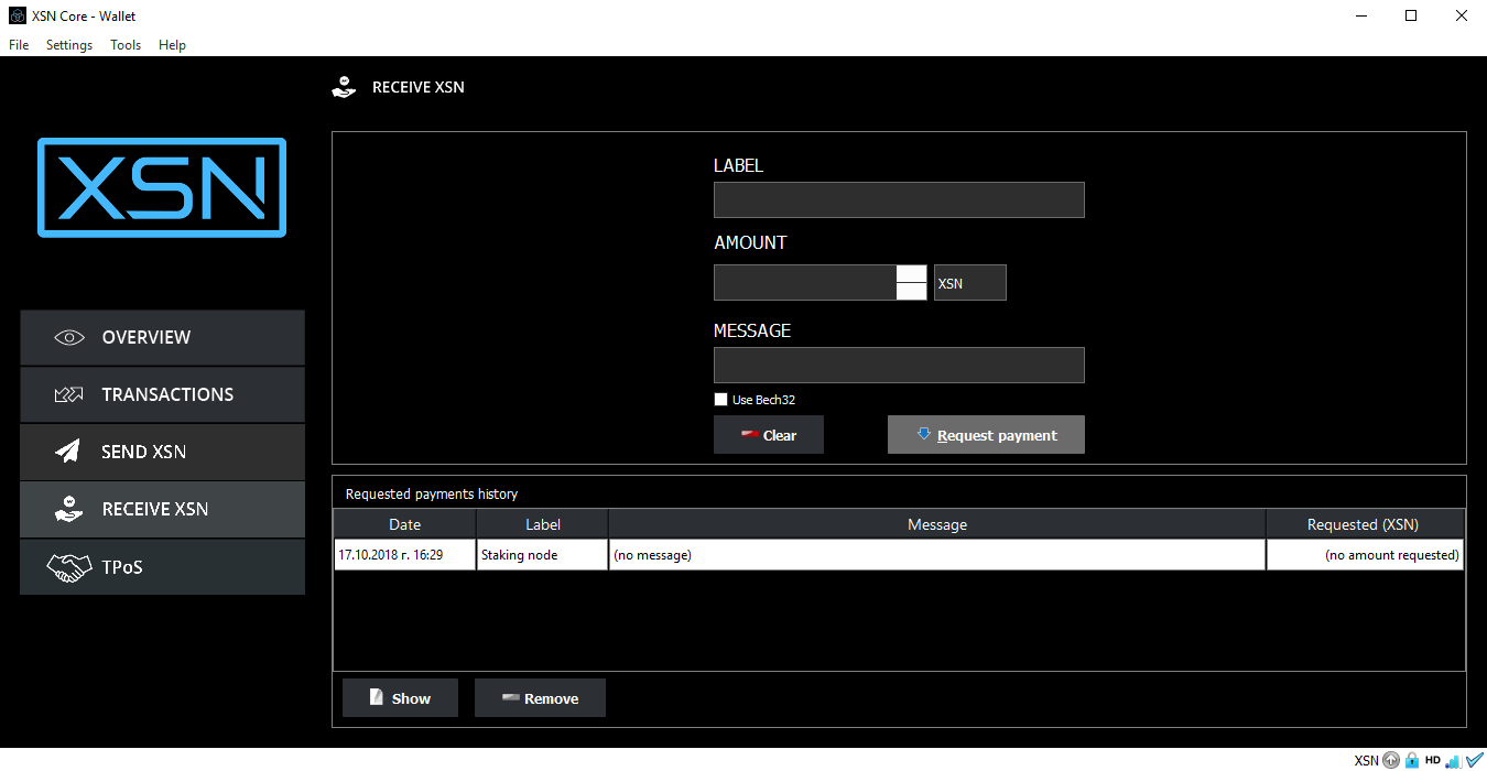 Creating a new staking address in XSN Core.